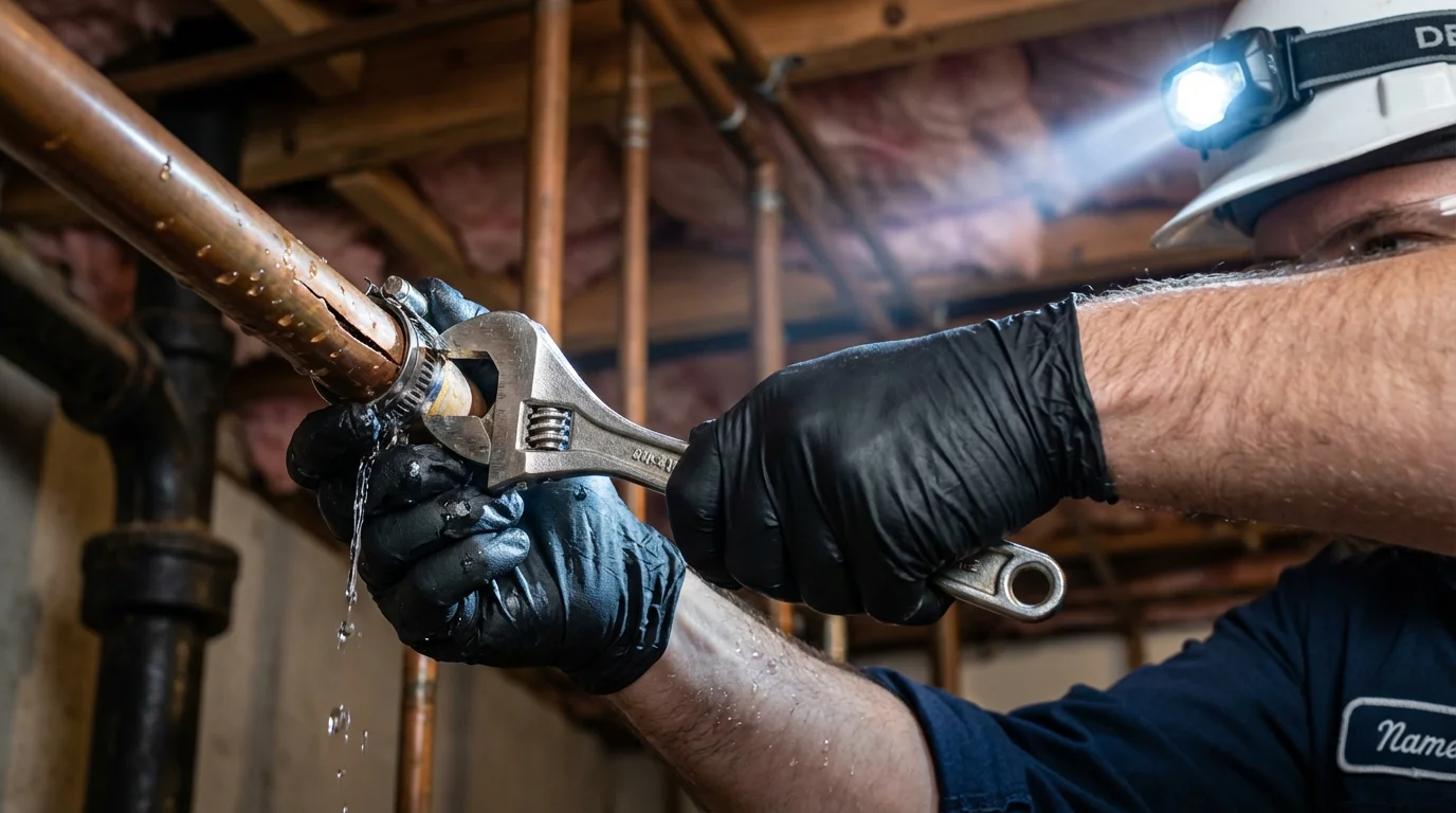 Emergency pipe clamp repair being performed by a Johns Plumbing LLC plumber in Hayfork